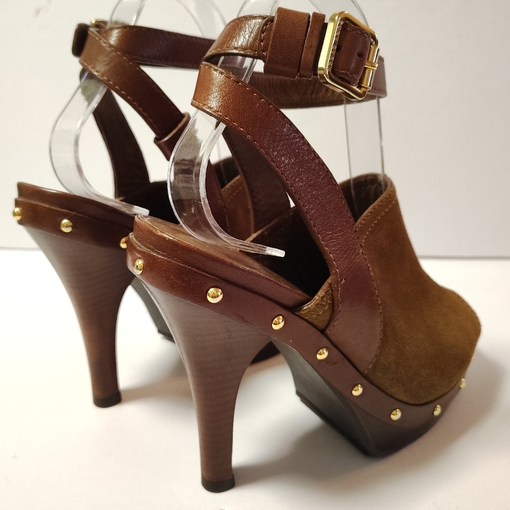 Tory Burch Women's Bilson Suede Ankle Closure Peep Toe Studded Pumps Brown 7.5 - Picture 5 of 10